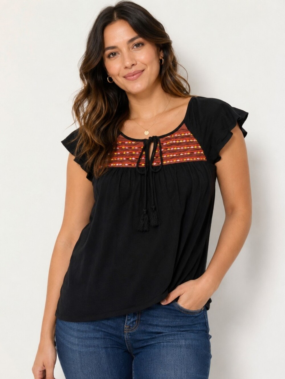 Always Indigo Women's Boho Peasant Blouse Black Embroidered Size M MB0001